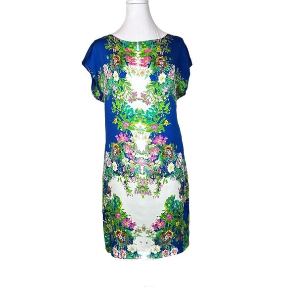 Zara Floral Dress Womens Size XS Shift Vivid Blue Multicolor Silky Colorful - Picture 1 of 8